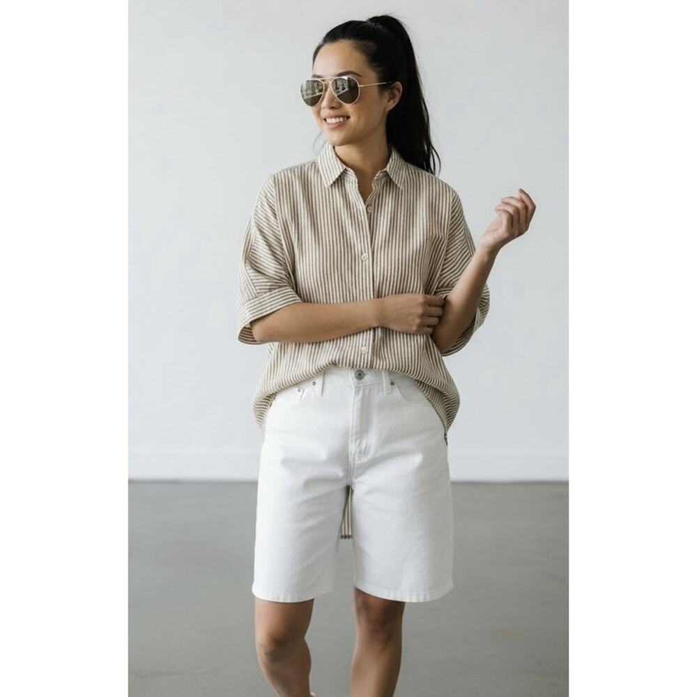 Max Studio Women Shirt Striped Relaxed Oversized Size M Collared Boxy Casual